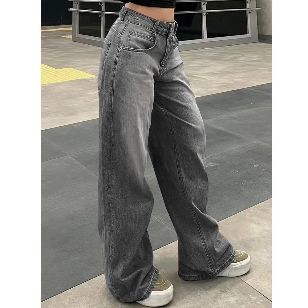 Retro Washed Denim Jeans for Women Wide Leg Streetwear Baggy Jeans Ladies Casual Long Pants
