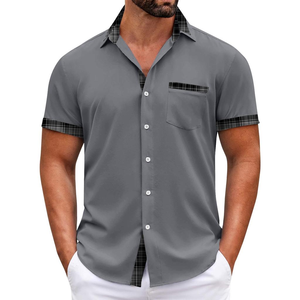 Pánské kostkované košile s krátkým rukávem s potištěným knoflíkem Pánská móda pro volný čas Košile s krátkým rukávem