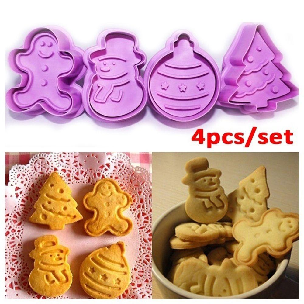 4pcs/set Plunger Biscuit Fondant Baking Mould Cookie Cutter Cake Mold Christmas