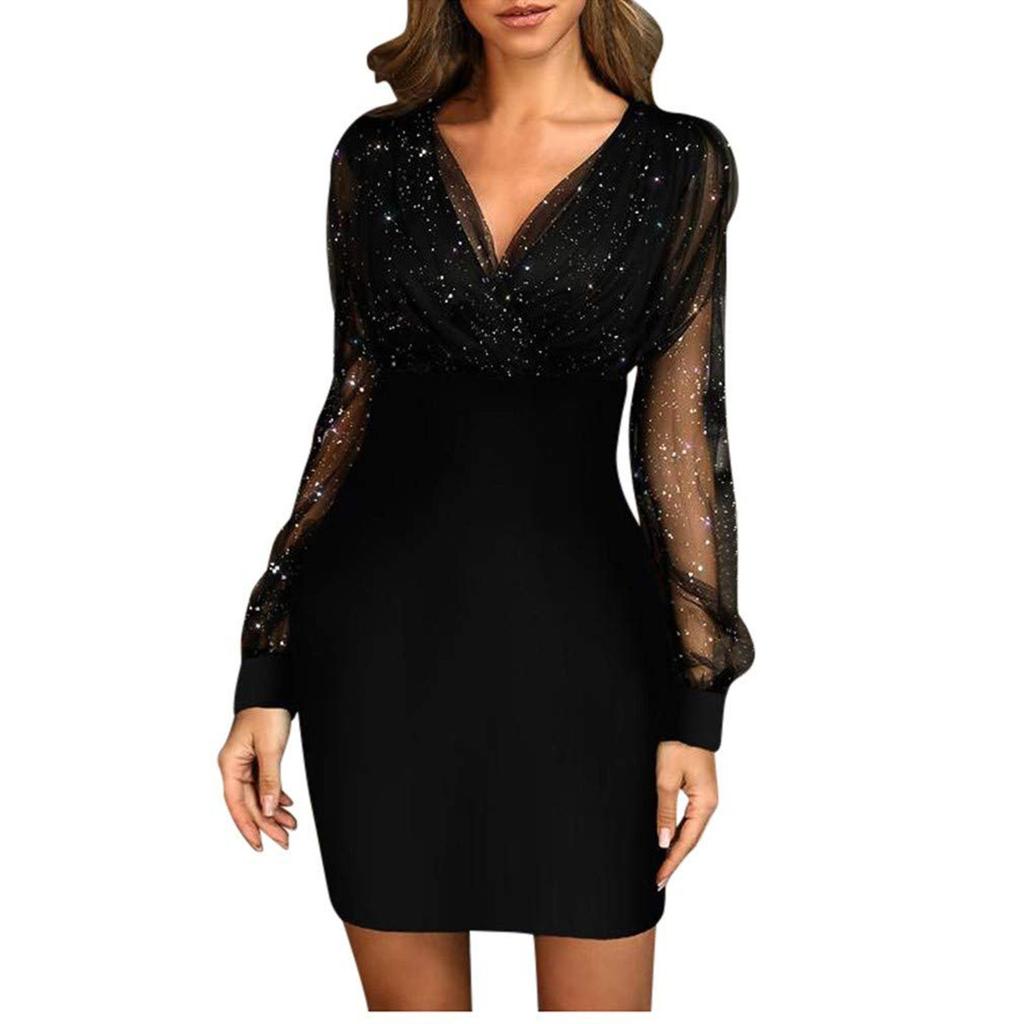 Women's Mesh V-neck Sequined Dress Foreign Trade Sexy Long Sleeve Dress