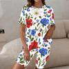 Women Plus Size Round Neck Short Sleeve Music Note Printed Two Piece Shorts Set