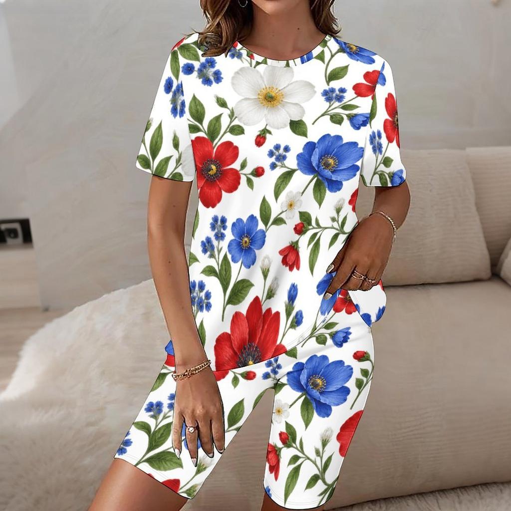 Women Plus Size Round Neck Short Sleeve Music Note Printed Two Piece Shorts Set