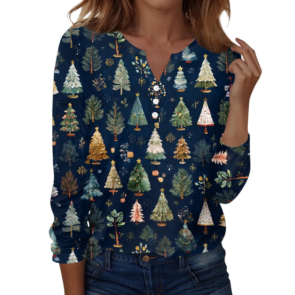 Women's Fashion Casual H Printed V-Neck Long Sleeve Decorative Button T-Shirt Tops