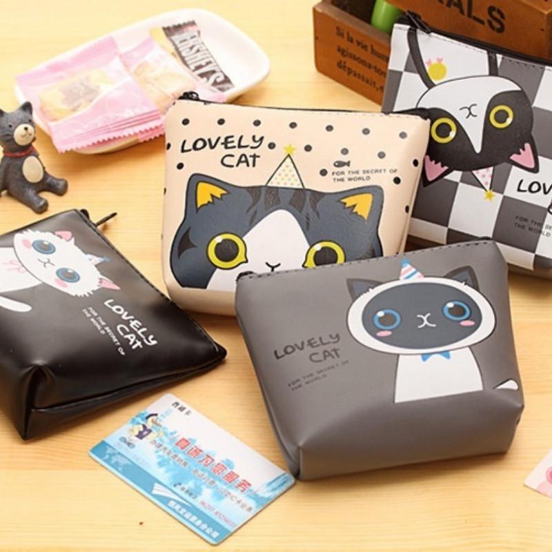 Cartoon-PU-Leder-Reißverschluss-Geldbörse für Studenten, niedliche Cartoon-Katze, weiblich, hält Münztasche