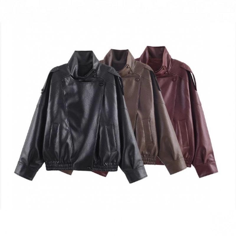 European & American Women's Faux Leather Stand Collar Jacket - Hot Selling Fashion Coat