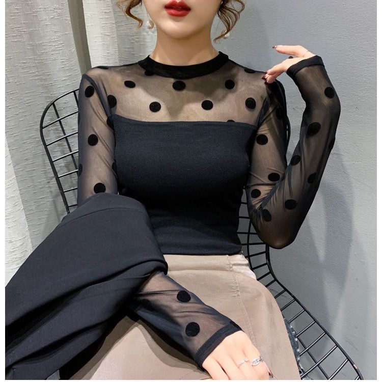 Round Neck Mesh Patchwork Sunscreen Base Shirt Long Sleeved Lace Slim Fit T-shirt