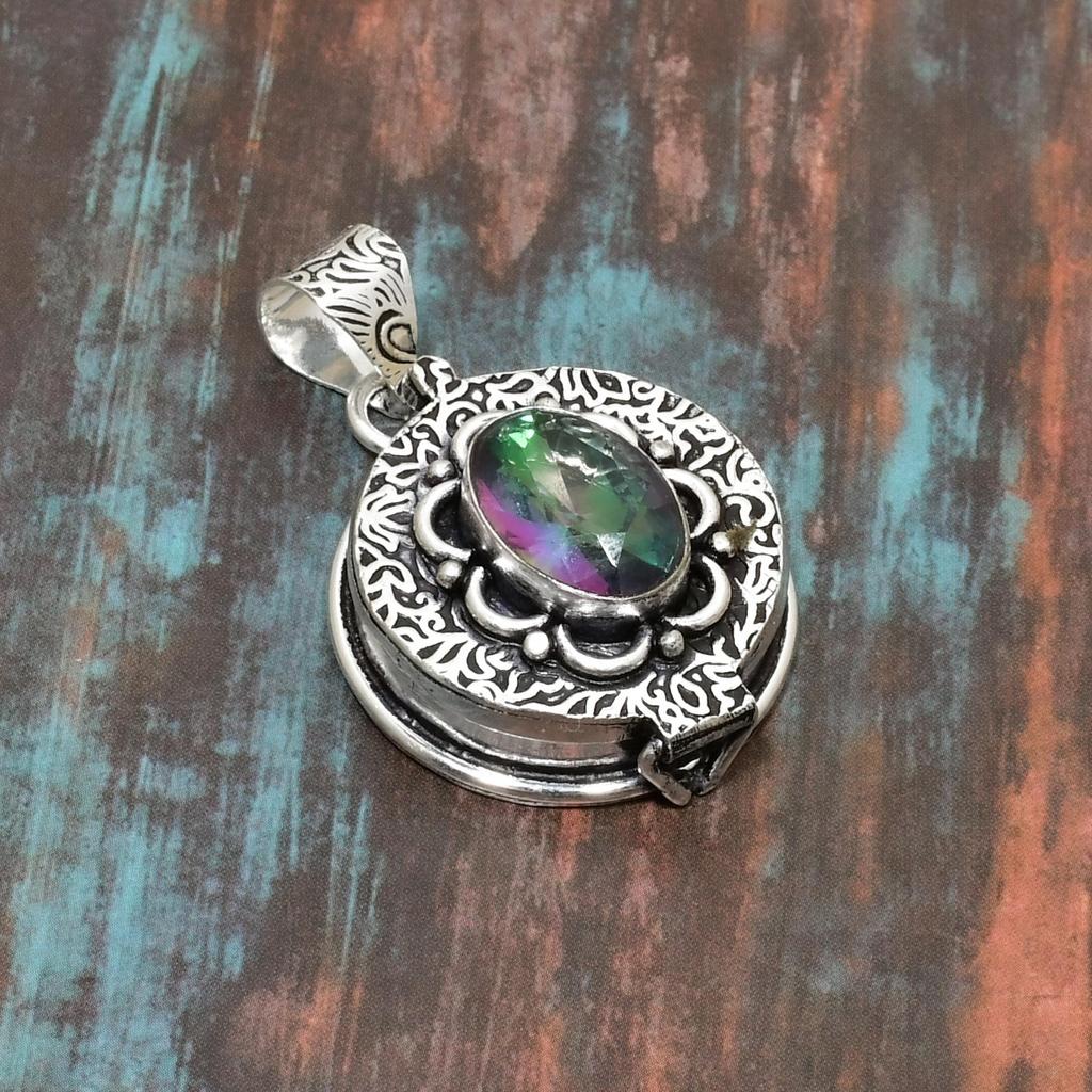 Collier Bar Argent 925 Avec Pierre De Lune Arc-en-ciel Et Topaze – Fait Main Inde