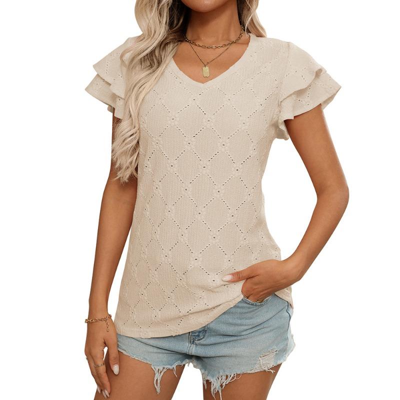 Vår och sommar Ny enfärgad V-ringad Söt kortärmad T-shirt med utskärning