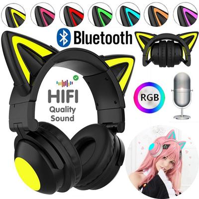 Cuffie da gioco pieghevoli montate sulla testa con orecchie di gatto luminose a LED Cuffie Bluetooth 5.0 con bassi pesanti Cuffie wireless con microfono
