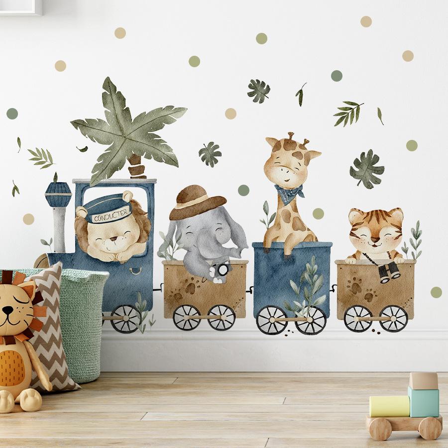 Watercolor Animal Train Wall Stickers, Jungle Adventure Kids Room Decor, Self-Adhesive Wall Art for Kindergarten Nursery Decoration