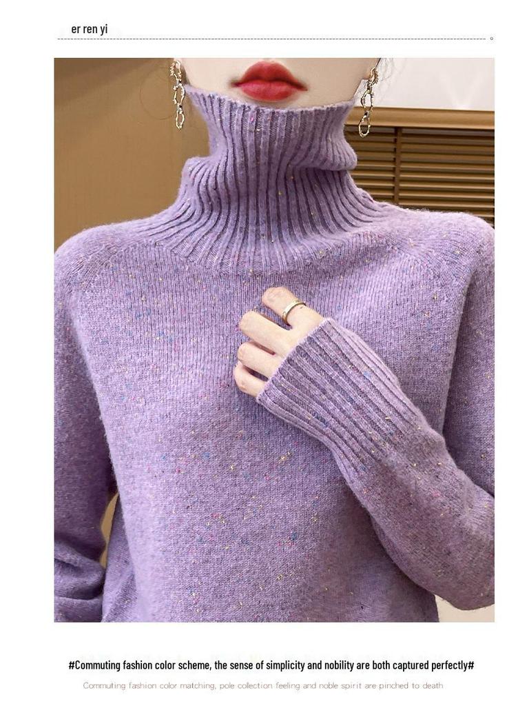 Damski sweter z wysokim dekoltem, o luźnym kroju, wykonany w 100% z wełny - Gruby, wszechstronny dziergany pulower na jesień i zimę