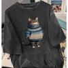 Women's Retro Tarot Black Cat T-shirt Retro Washed Casual T-shirt Mystery Cat Design Round Neck Short Sleeve Top Retro Style Top