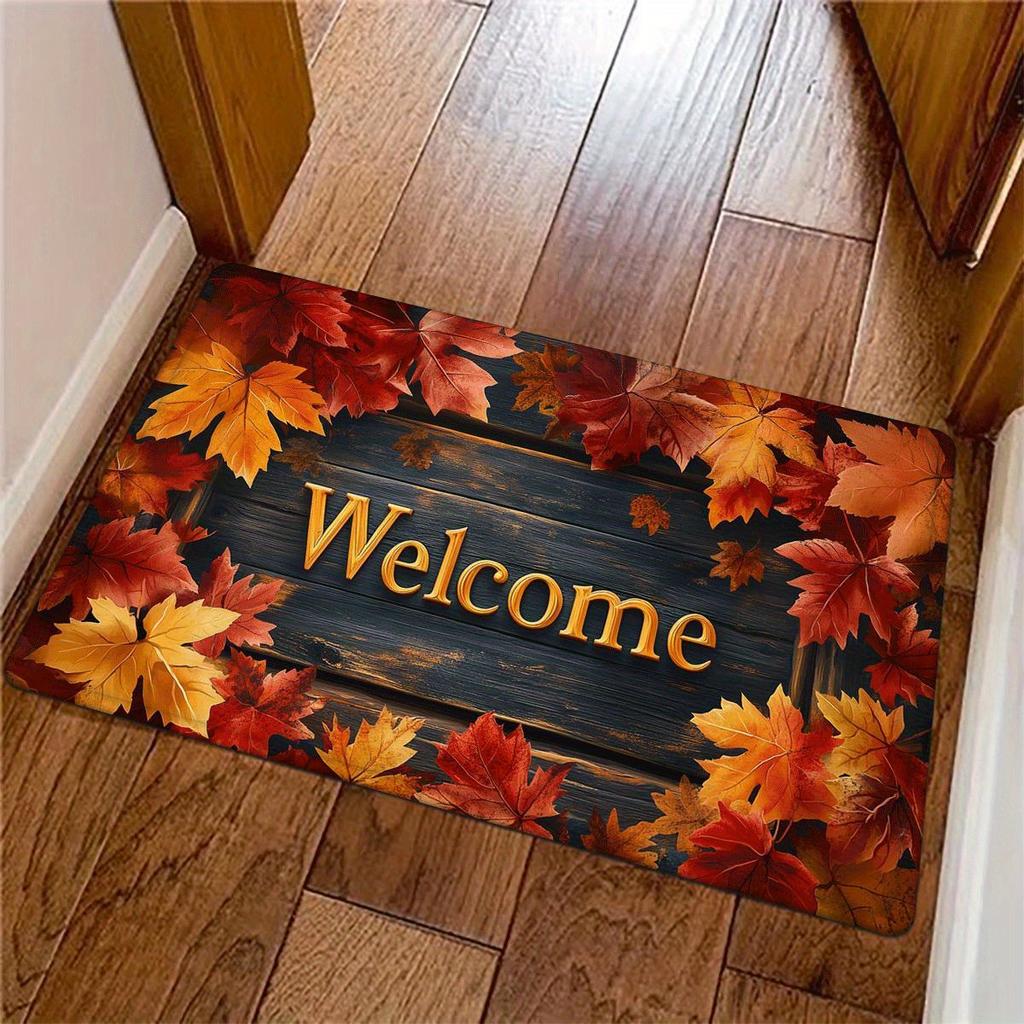 Autumn Maple Leaf Welcome Doormat, Rustic Farmhouse Fall Rug, Non-Slip Machine Washable Door Carpet for Entryway Decor
