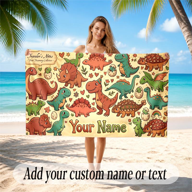 Dinosaur Theme Quick Dry Beach Towel Custom Name Text Print Large Sand Resistant Towel Beach Vacation