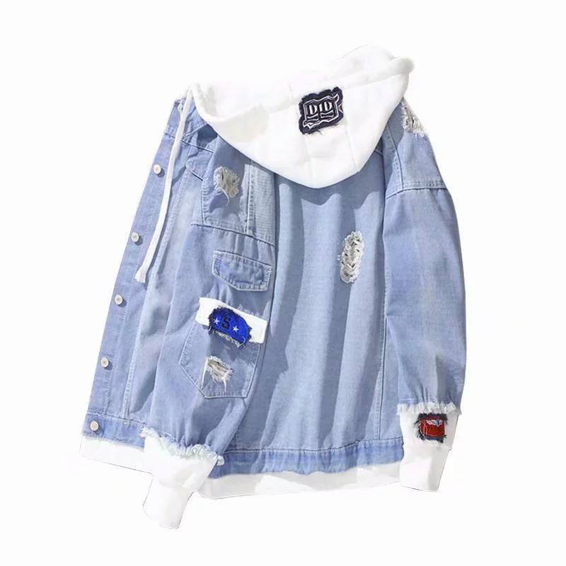 Spring and Autumn Splicing Fake Two Piece Cowboy Jacket Korean Edition Trendy Casual Versatile Loose Workwear Hooded Casual Jacket