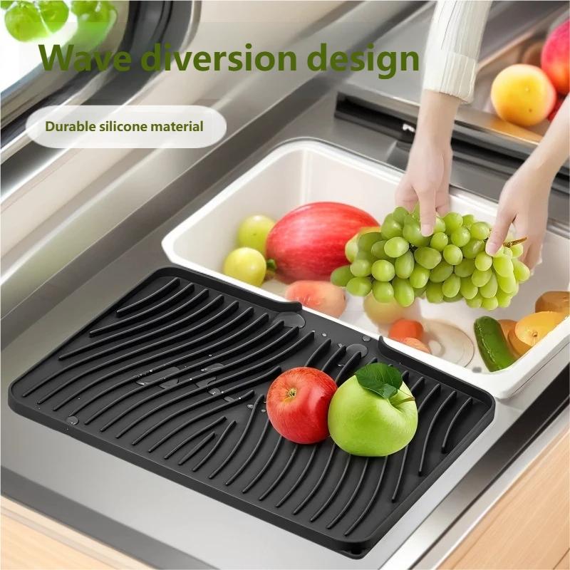 Tapete Drenante de Silicone Inclinado para Bancada de Pia de Cozinha Pad de Secagem para Louças Bandeja de Gotejamento Antiderrapante com Canaleta de Escoamento