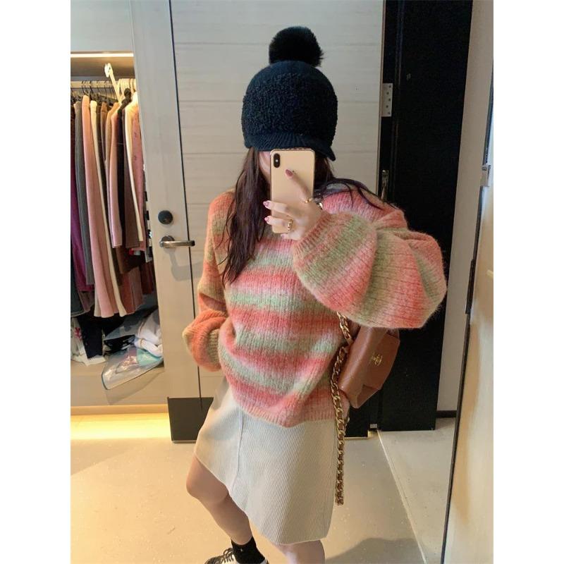 

Зима новый универсальный цвет градиентный размытый однословный свитер с горловиной женский ленивый ветер пуловер вязаный свитер женский One Size