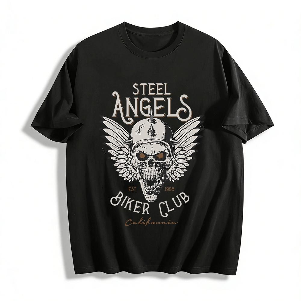 

Steel Angels Biker Club California Est 1968 Skull Wing Graphic Tee Pure cotton T-shirt XXS