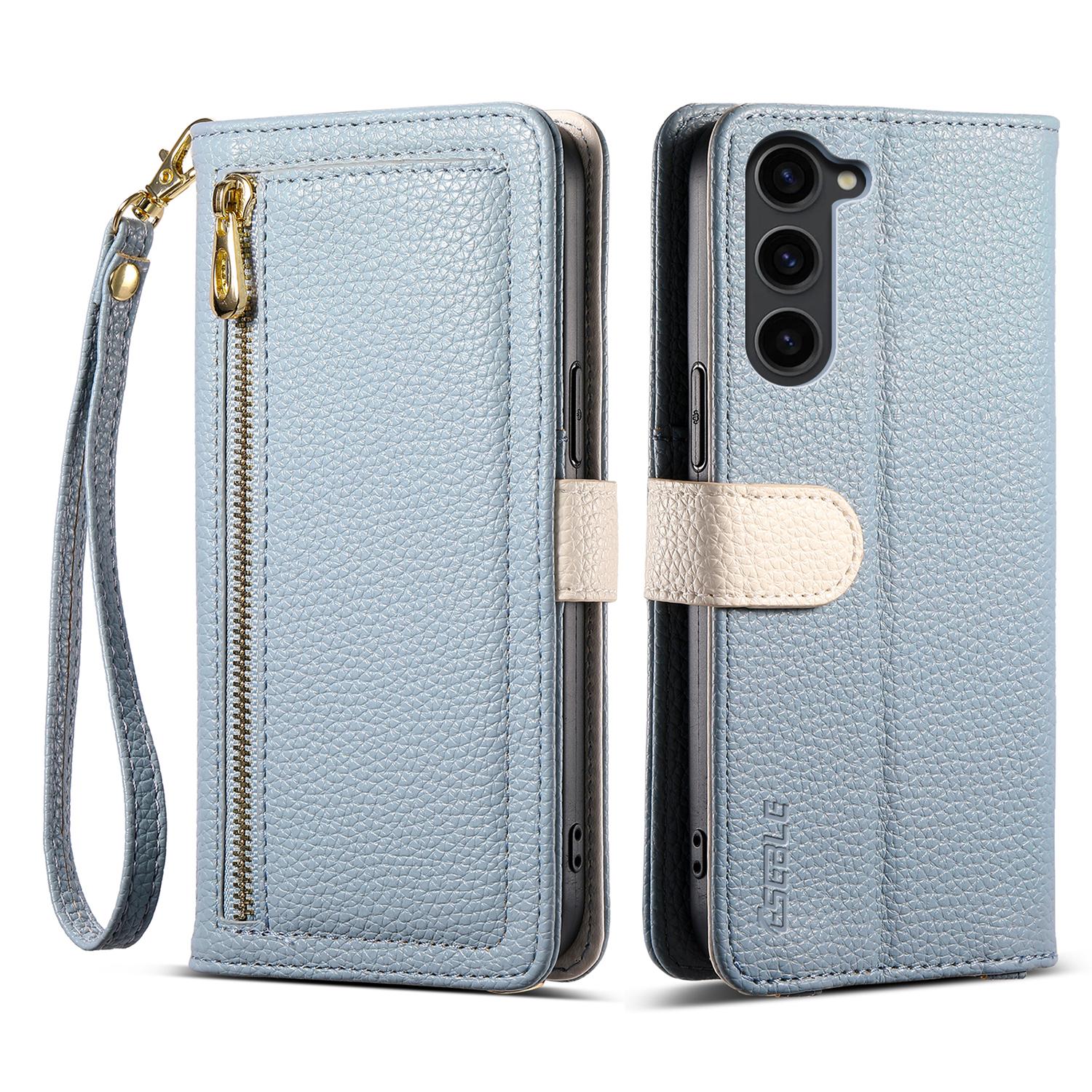 

ESEBLE E11 For Samsung Galaxy S23+ Case Zipper Pocket Litchi Texture Leather Phone Cover with Mirror and Wrist Strap Sky Blue