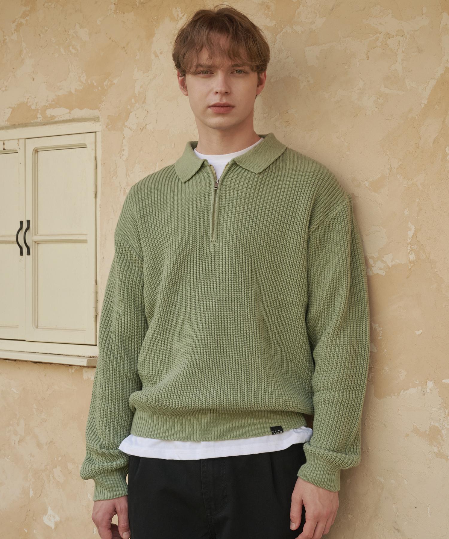 Iesn Punched Collar Neck Half-Zip Knit Olive M