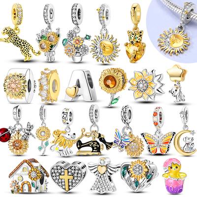 925 Silver Charms Golden Sunflower Pendant Beads Fit Bracelet Necklace DIY Women Jewelry Sun Moon Diamond