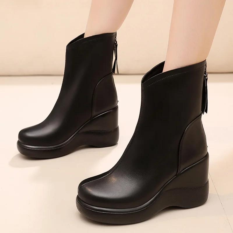 Size32-43 Genuine Leather Woman Ankle Boots Zip Ladies High Heel Plush Short Boots Winter Women's Platform Wedges Shoes