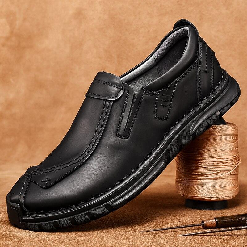 Mocasines marrones para hombre, zapatos de senderismo, sin cordones, hechos a mano, informales, de cuero, anchos, para exteriores, para papá, talla grande