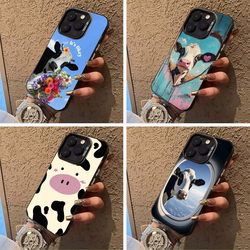 Cute and funny cow For iPhone 17 16 15 14 13 12 11 Pro Max XS 17 Air Silicone Colored Silver Bumper Cover