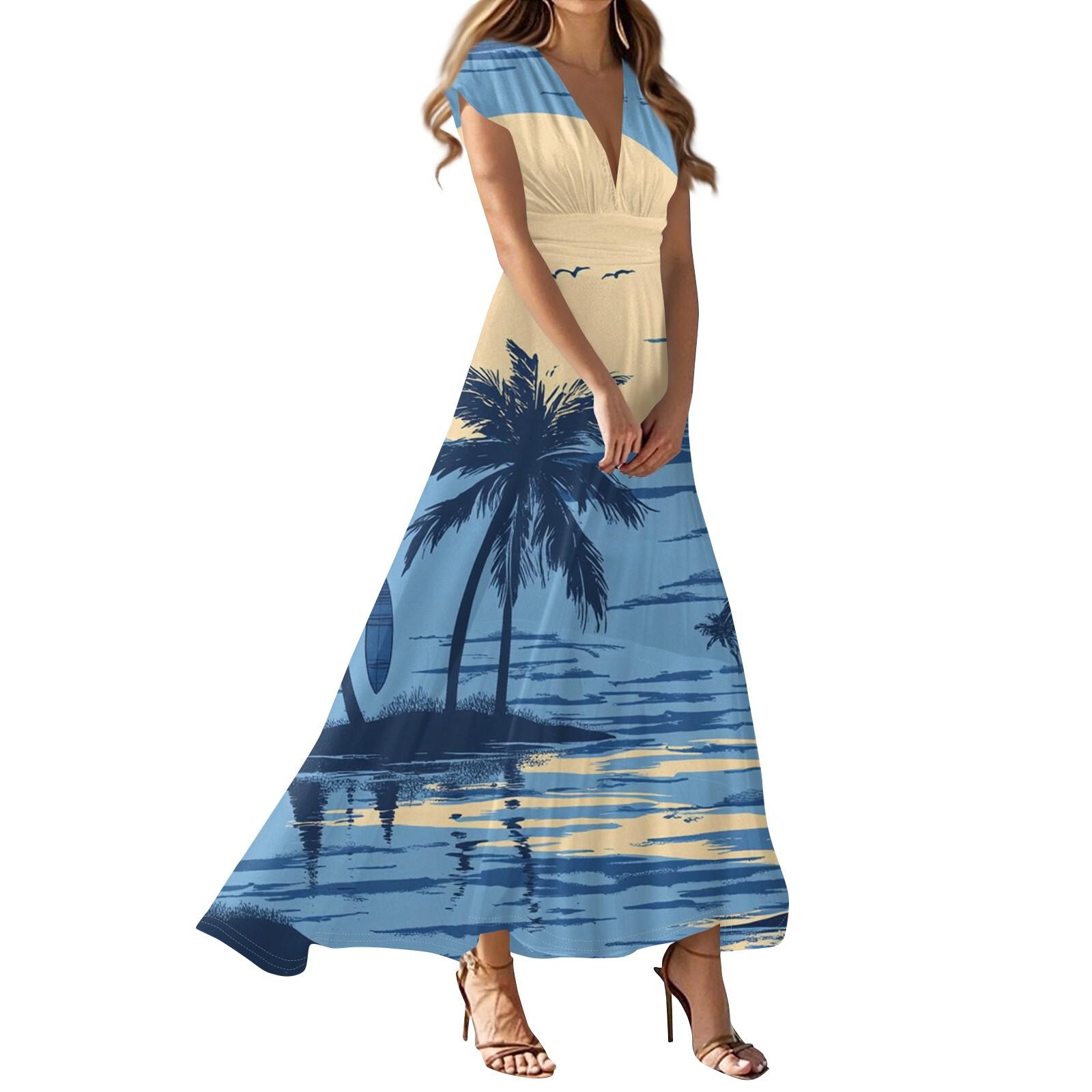 

Women s Summer Casual Fashion Beach Printed Dresses V-Neck Short Sleeve Dresses XL небо синє кольору