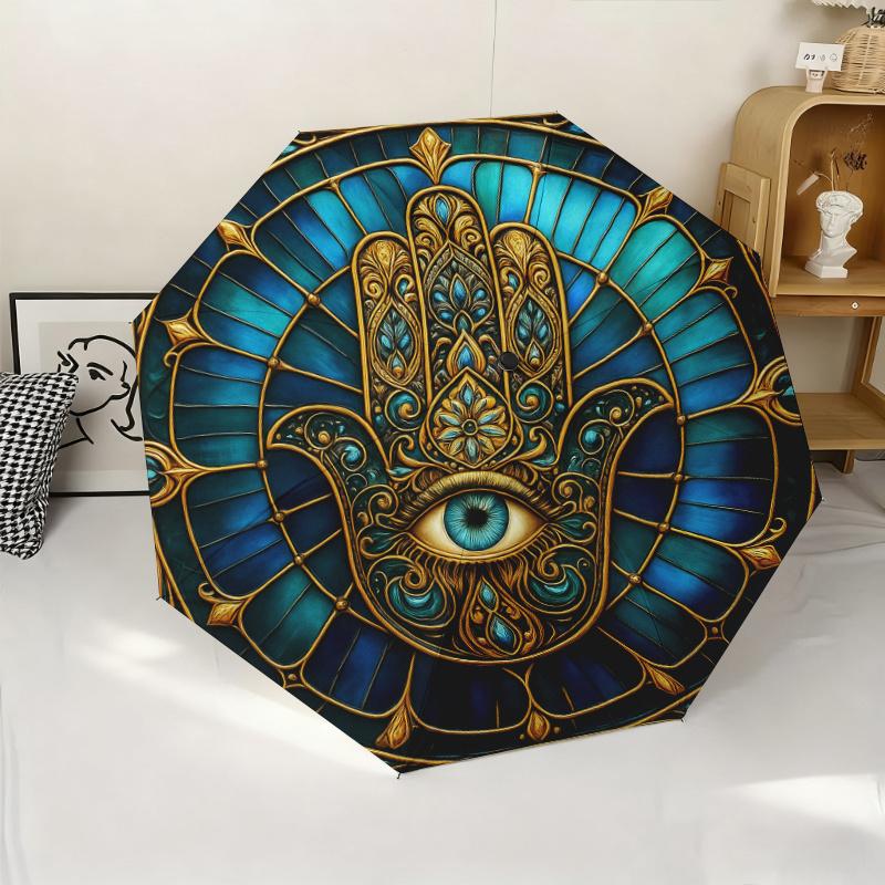 

Automatic Folding Umbrella with Exquisite Hamsa Design | Central Eye Motif, Gold-Tone, Portable Foldable Design, Ideal for Cas Iron&8K