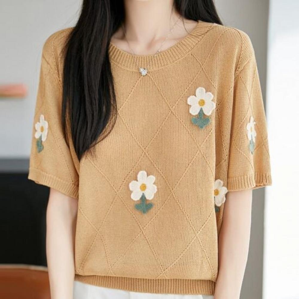 Navava Women S Diamond Flower Embroidery Round Neck ShorT Sleeve KniT T Nk3687