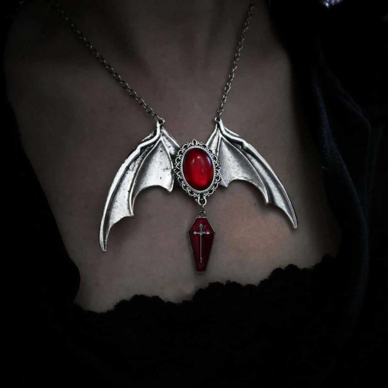 Red Gothic Vampire Bat Pendant Necklace