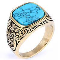 Unisex Square Turquoise Carved Minimalist Ring