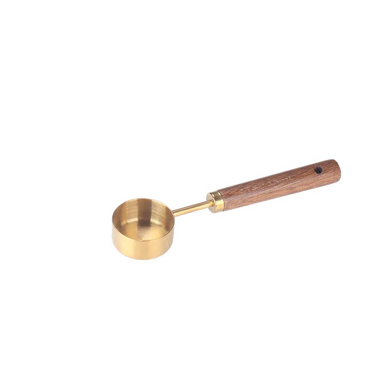 Gold & Black Stainless Steel Measuring Cups and Spoons with Wooden Handles and Scale - Multifunctional Baking & Coffee Spoon Set