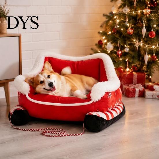 Holiday Sleigh Pet House Christmas Dog Bed with Non Slip Base, Plush Calming Sofa High Resilience Foam Lounger for Indoor Outdoor, Fun Cats
