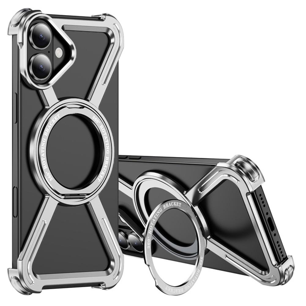 

For iPhone 16 Plus Magnetic Case Rotating Kickstand Metal Bumper Phone Cover Silver