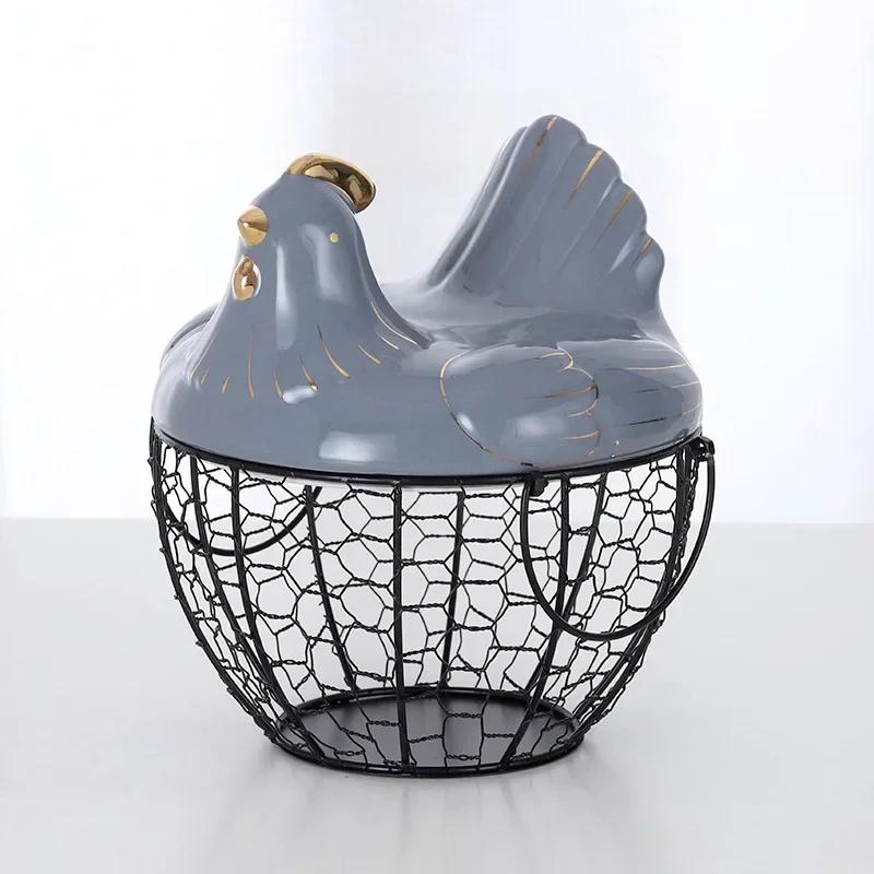 Cute Hen-shaped Egg Storage Basket Metal Wrought Iron Egg Basket with Lid Kitchen Food Debris Storage Container Home Decoration