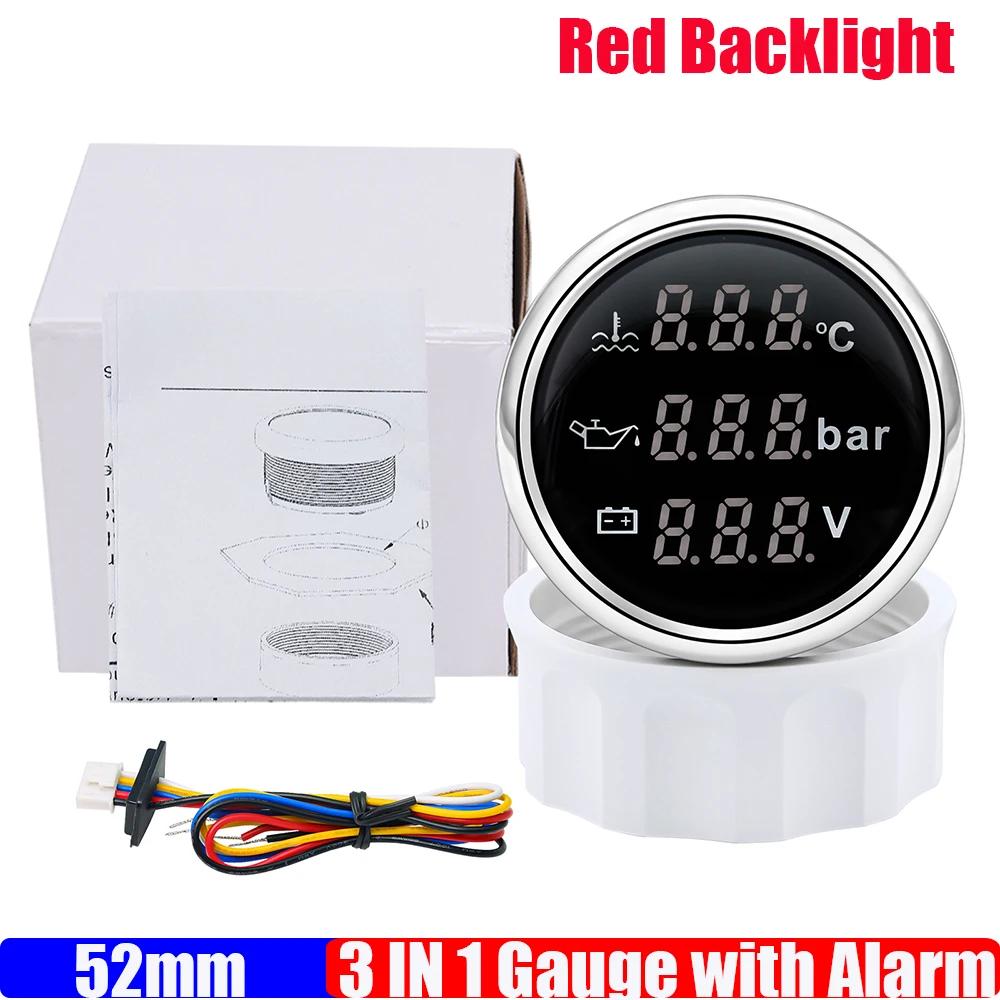 52mm Water Temp+Oil Pressure+Voltmeter with Alarm Waterproof Multi 3 IN 1 Gauge 10Bar Oil Pressure for All Car Boat Yacht 12V24V