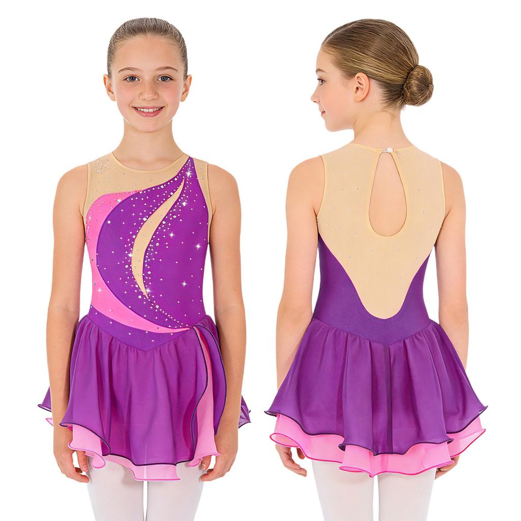 Kinder Mädchen Eiskunstlauf Kleid ärmellos Strass Wettbewerb Kostüme Ballett Tanz Tutu Rock