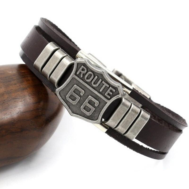 Trendy American Route 66 Printed Pattern Bracelet Men's Bracelet Metal Multilayer Leather Bracelet Accessories New Party Zircon