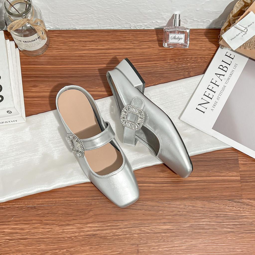 Grape Mother Sparkling Diamond Buckle Small Square Head Width Word with Commuting Versatile Low Heel Temperament Half Drag Women's Bag Head Lazy Shoes