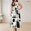 Women Plus Size Round Neck Triple Keyhole Cutout Sleeveless Printed Long Dress Black Orange Off White