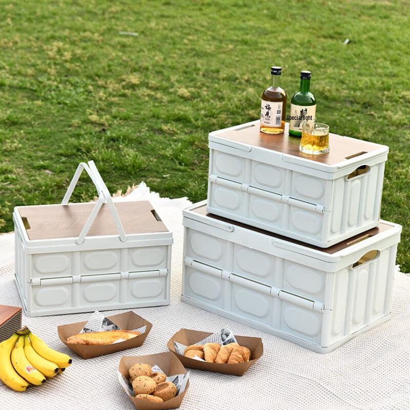 Quyoubang 55L Folding Camping Storage Box with Wooden Lid and Handle