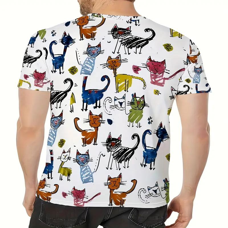 Men's Colorful Cat Pattern T-shirt Casual Polyester Fiber Round Neck Short Sleeved Suitable for Comfortable Outdoor and Daily Life In Summer