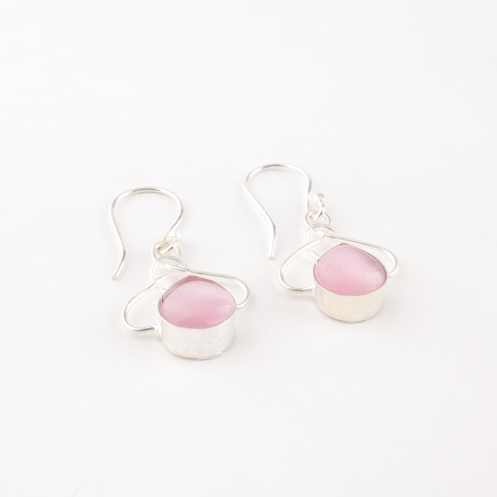 Pink Cat's Eye Gemstone 925 Sterling Silver Jewelry Handcrafted Earrings 1.50" EE-2-42