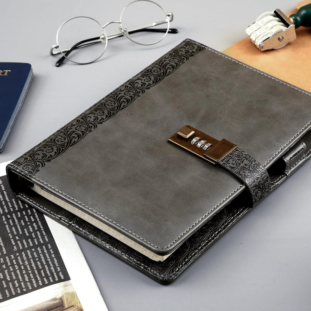 A5 Business Planner with Lock, Antique Style, Loose-Leaf Diary with 6-Ring Lock, Card Storage, High-Quality Waterproof PU Leather, Brown, 230x180mm, P