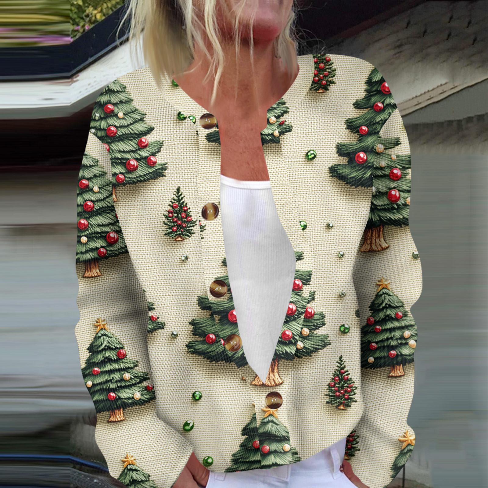 

Жіноча модна куртка з довгим рукавом і різдвяною ялинкою, кардиган із принтом сніжинки XXXXL хакі