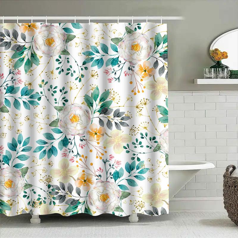 White Floral Shower Curtain Modern Bath Decor With Green Leaves Washable Fabric For Bathroom Various Sizes Available