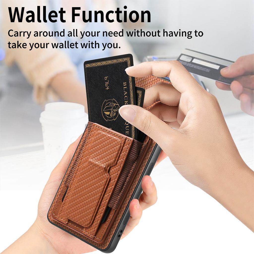 Carbon Fibre Foldable Vertical Cards Bag Case For Redmi Note 13 Pro Plus 12 11 13T 13C POCO X6 X5 14 Ultra Kickstand Solt Cover