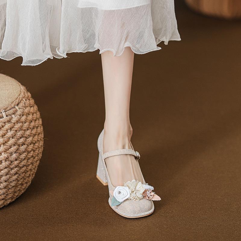 

Satin three-dimensional flower high-heeled Mary Jane shoes ballet small fragrant style big head feet wide fat single shoes women s beautiful high heel 34 абрикосовый
